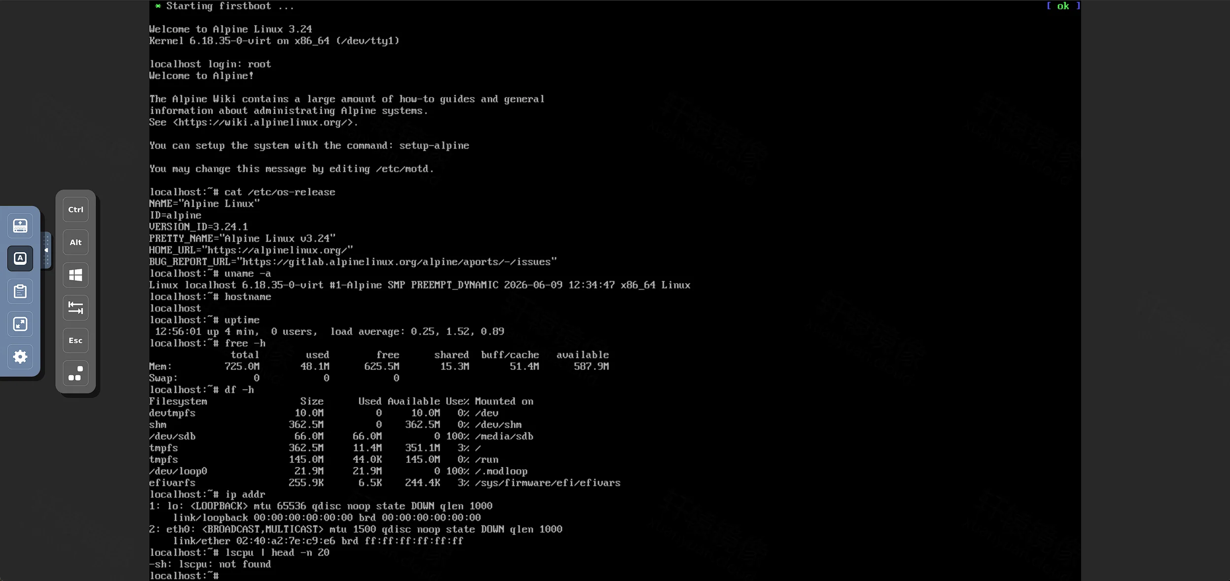 点击放大 Alpine 客户机:冒烟命令输出与左侧快捷键栏(Ctrl / Alt / Win 等)
