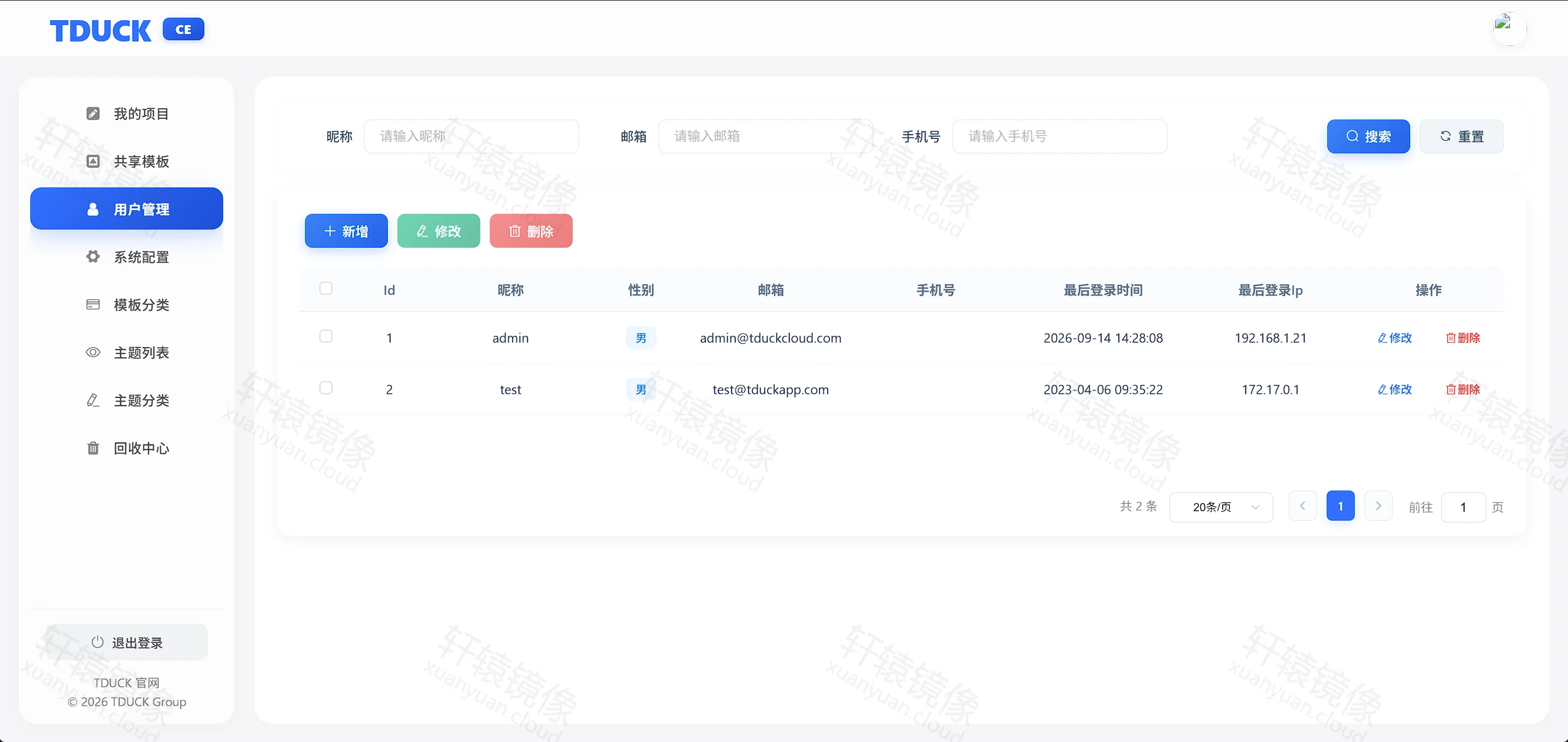 点击放大 TDuck 用户管理:默认 admin@tduckcloud.com 与 test 账号