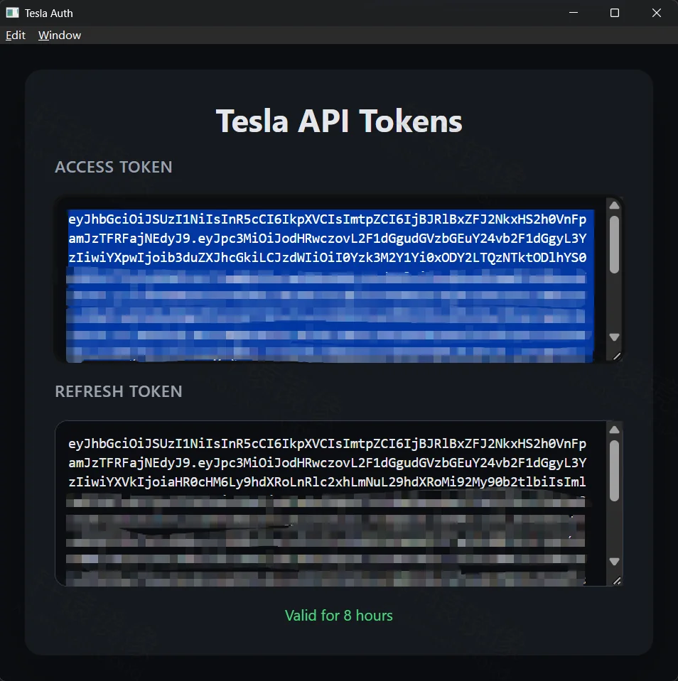 点击放大 Tesla Auth 显示 ACCESS TOKEN 与 REFRESH TOKEN