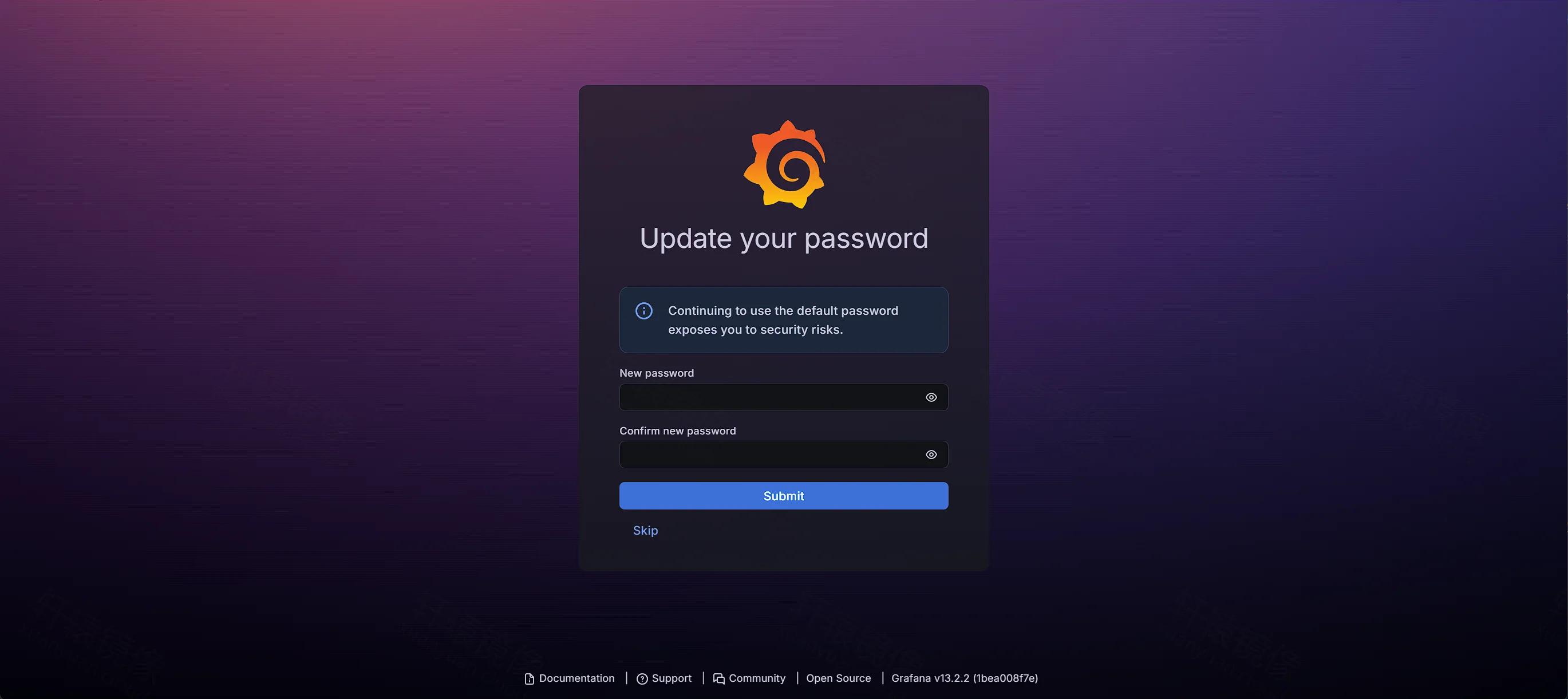 点击放大 Grafana 要求设置新密码,New password 与 Confirm new password