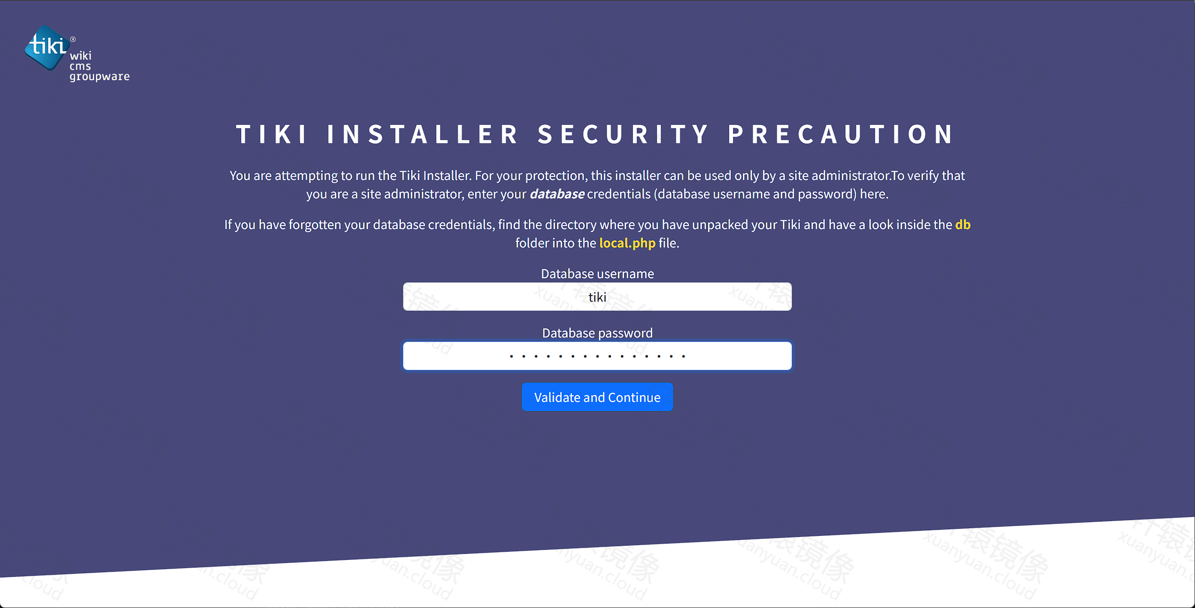 点击放大 Tiki 安装向导 Security Precaution 页:填写数据库用户名 tiki 与密码