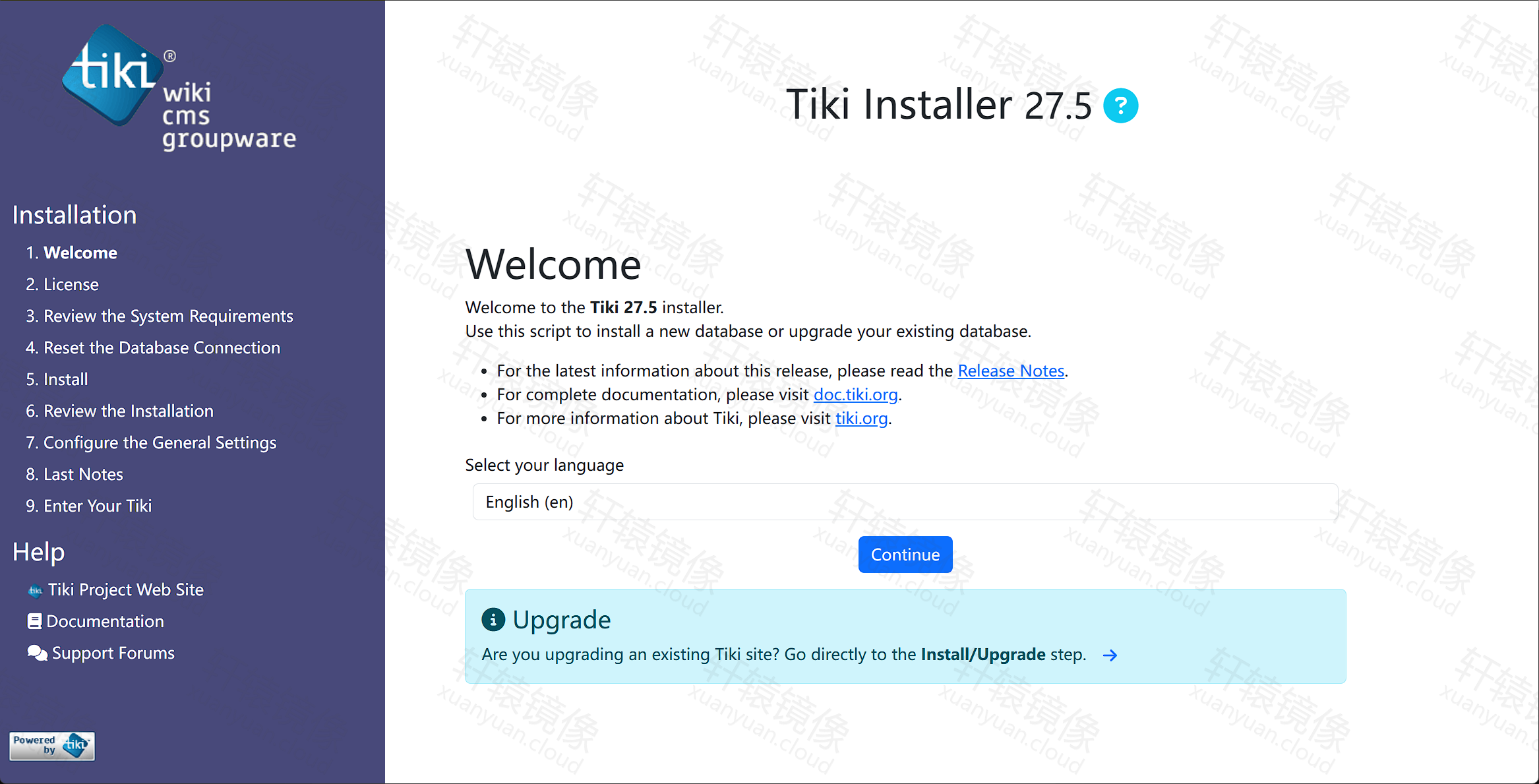 点击放大 Tiki Installer 27.5 Welcome 页,默认语言 English