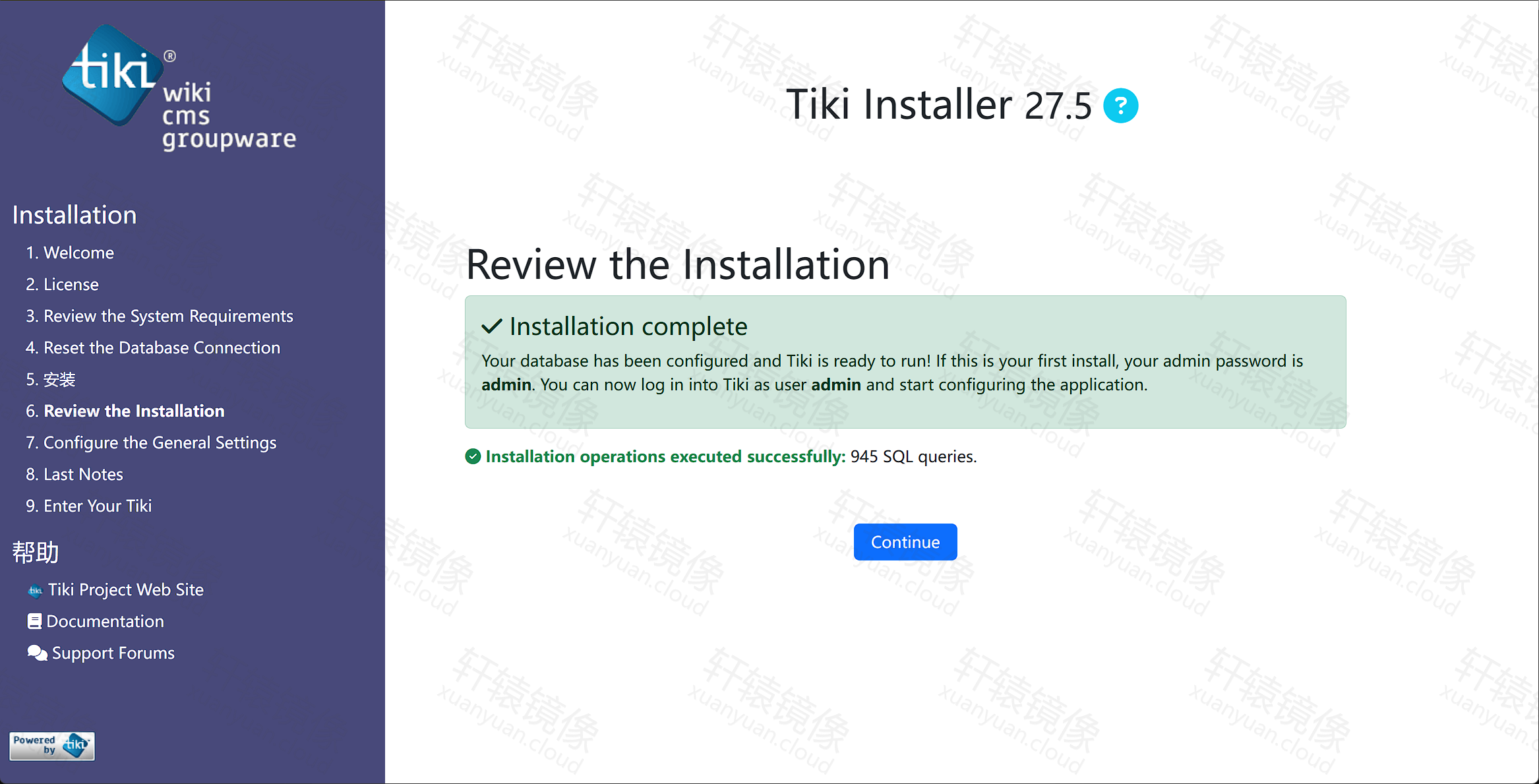 点击放大 Installation complete:admin 用户临时密码 admin,945 SQL queries 成功