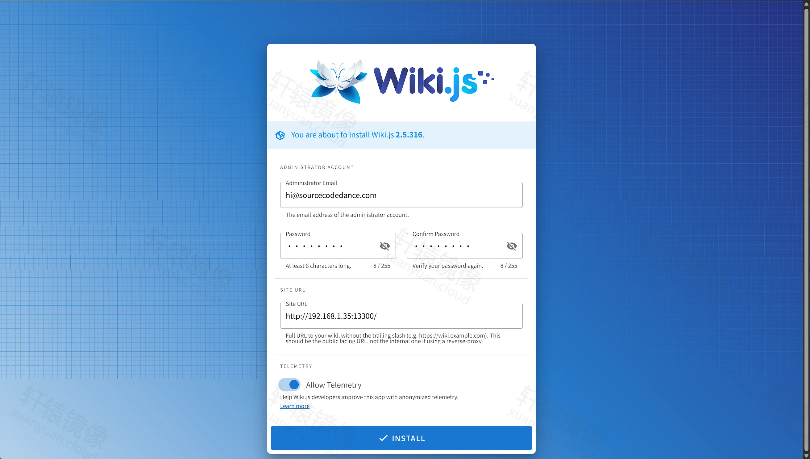 点击放大 Wiki.js 安装页:版本 2.5.316,管理员邮箱 hi@sourcecodedance.com,Site URL 为 192.168.1.35:13300,按钮为 INSTALL