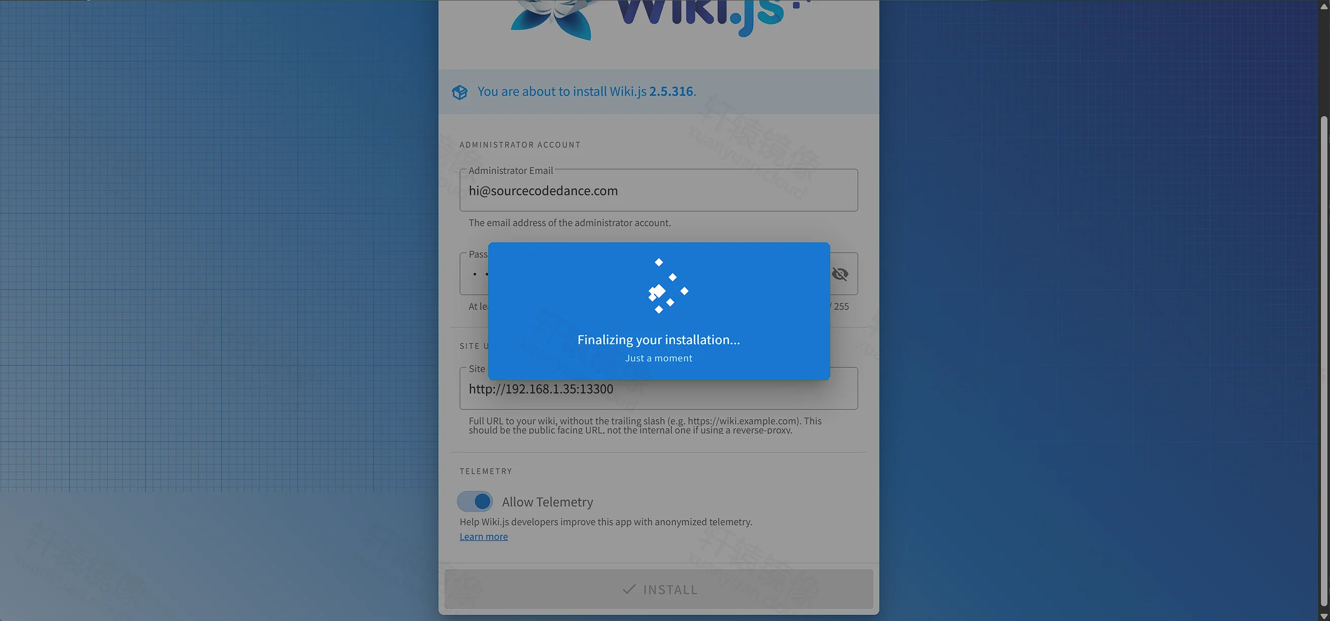 点击放大 Wiki.js 安装进行中:蓝色对话框为 Finalizing your installation