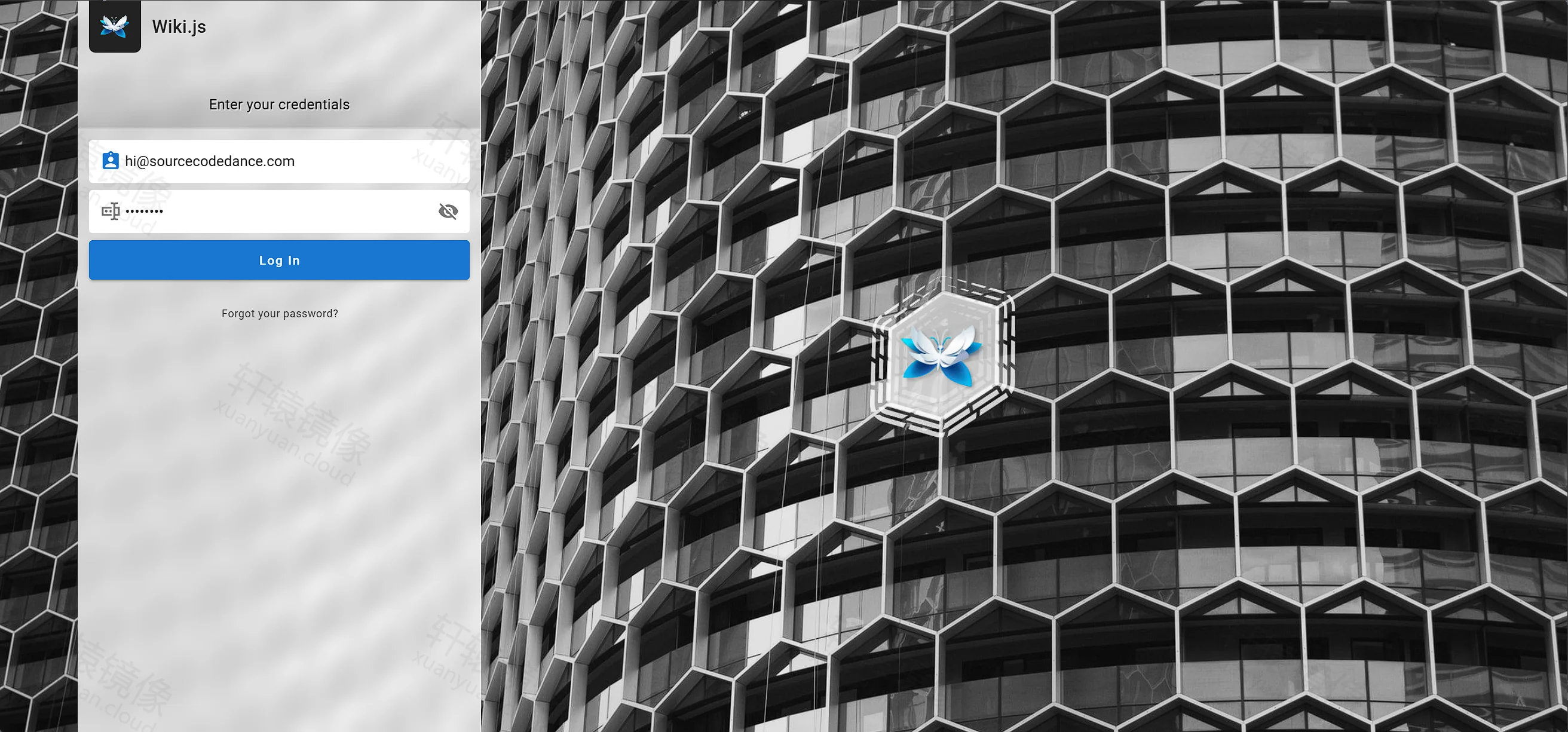 点击放大 Wiki.js 登录页:邮箱为 hi@sourcecodedance.com,按钮为 Log In