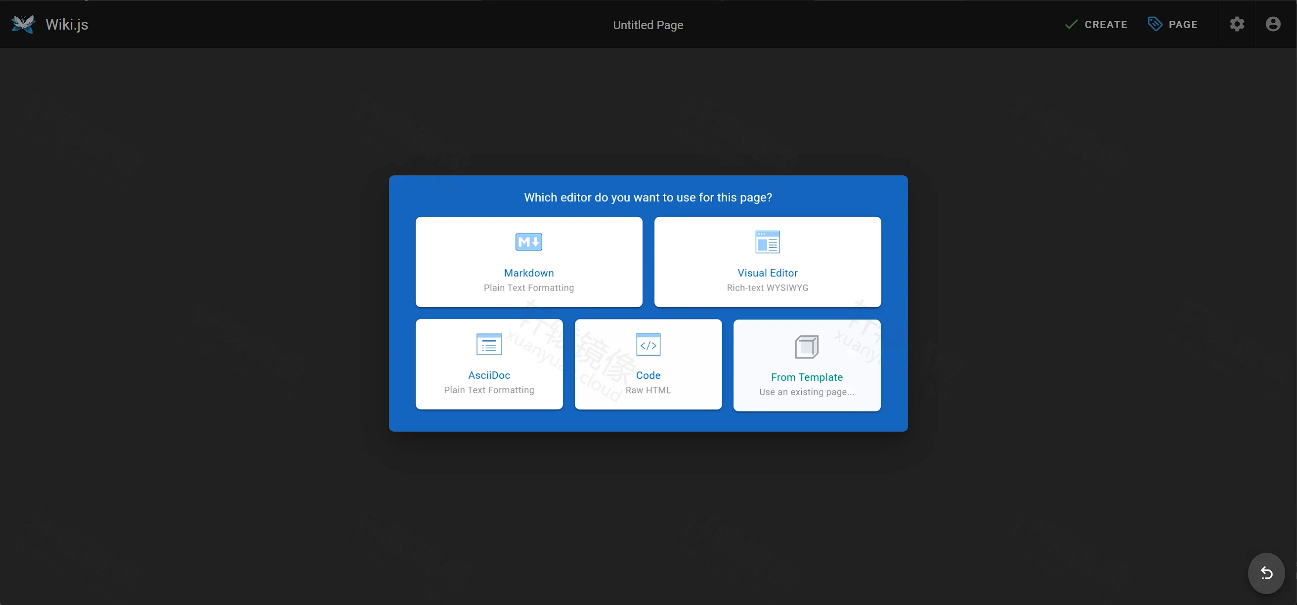 点击放大 Wiki.js 编辑器选择:标题为 Which editor do you want to use for this page,选项含 Markdown 和 Visual Editor