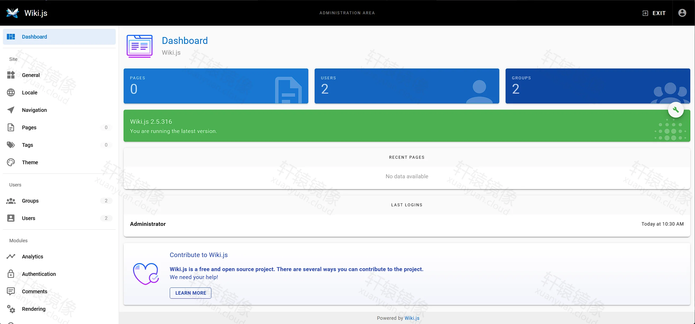 点击放大 Wiki.js 管理区仪表盘:Wiki.js 2.5.316,页面 0、用户 2、用户组 2,最近登录为 Administrator