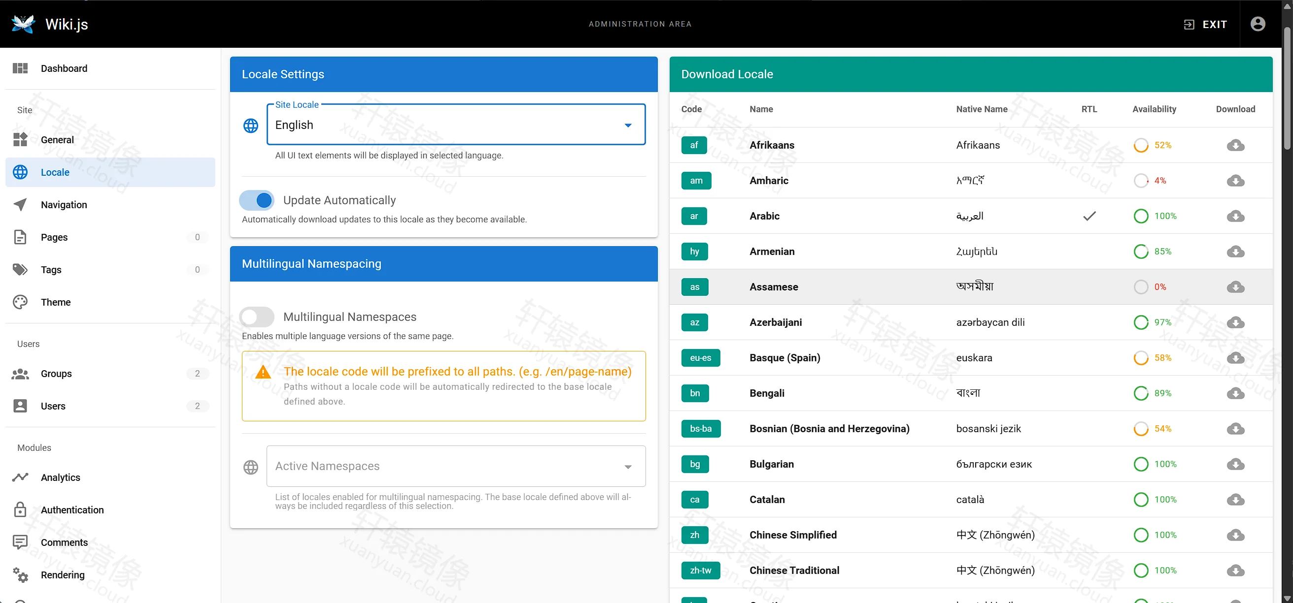 点击放大 Wiki.js 语言包:Site Locale 为 English,列表中有 Chinese Simplified